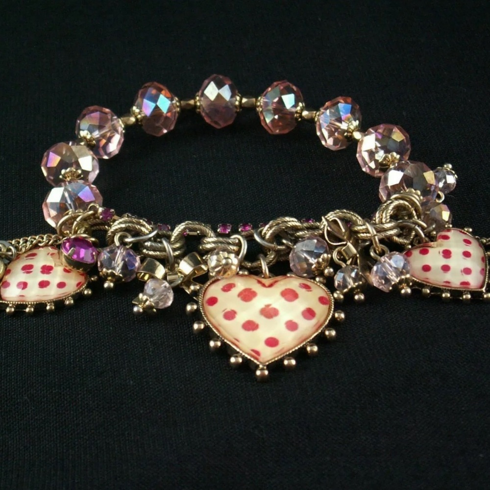 Rare love heart charm bracelet, red polka dots